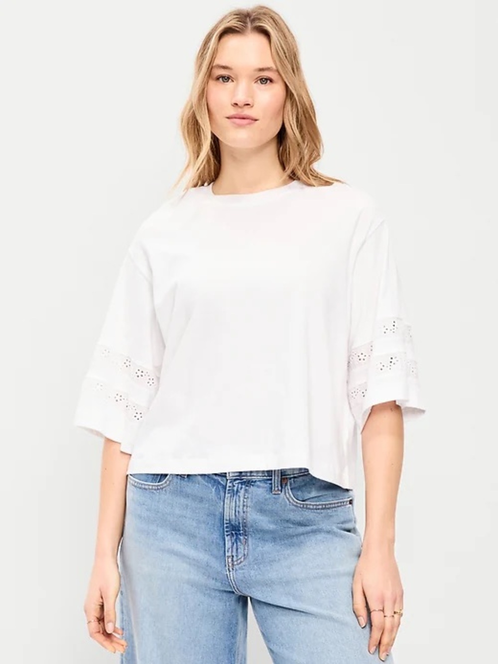 White Eyelet Elbow Sleeve Cropped Shirt